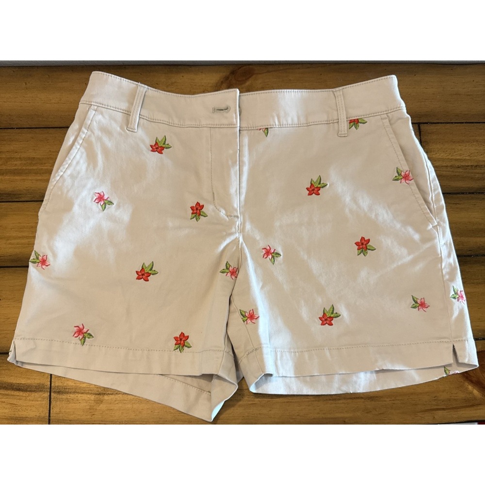 Beige Tommy Bahama Island Life Shorts Red Embroidery Flowers Cotton Tencel SZ 6